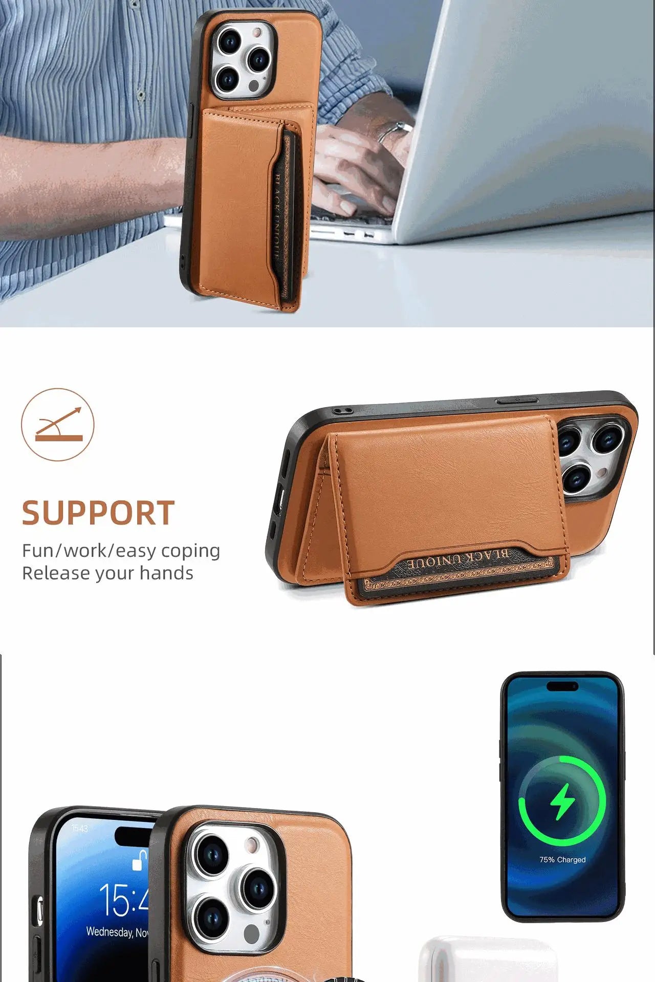 Denior | PU Leather Magnetic Attraction Phone Case for iPhone 16/15/14/13/12 Series & Card Bag(3 Card Slots) Tidesmit