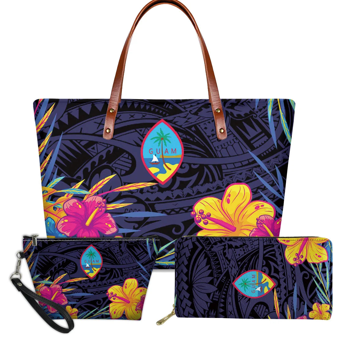 3-piece set: navy Polynesian tribal tote, clutch, and wallet with floral hibiscus print and Guam seal emblems.