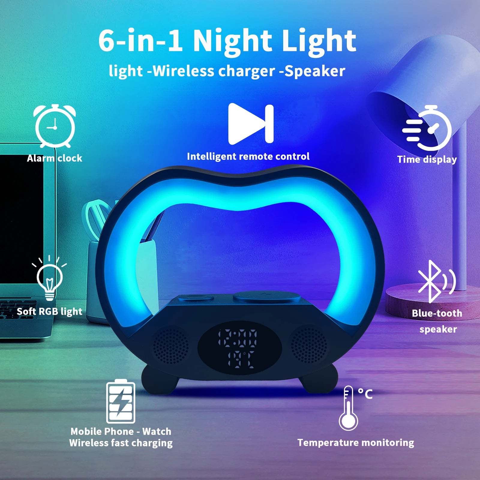 Multifunction Smart watches Chargers Rgb Digital 3 in 1 Alarm Clock Night Lamp Portable g Speaker with Wireless Charger Speakers Tidesmit