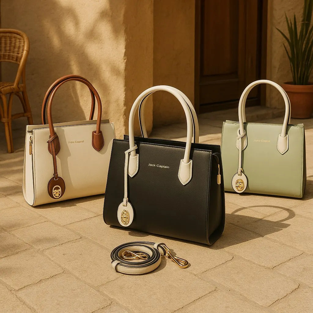 Jack Captain genuine leather designer tote bags in black, white, and sage green with gold hardware and shoulder straps.