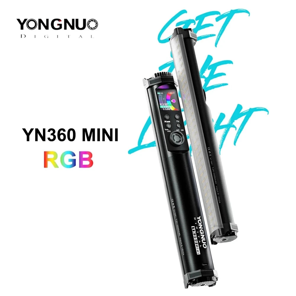 YN360 Mini RGB LED light wand with black cylindrical housing, control screen, and light panel for photography.