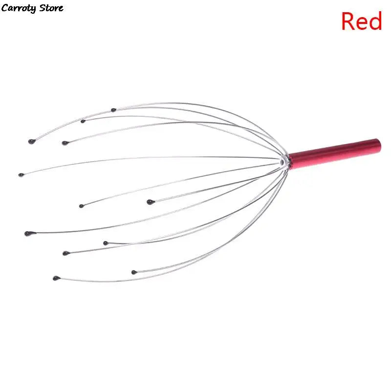 Red handheld scalp massager with metal wire fingers and beads for stress relief and head relaxation on white background.