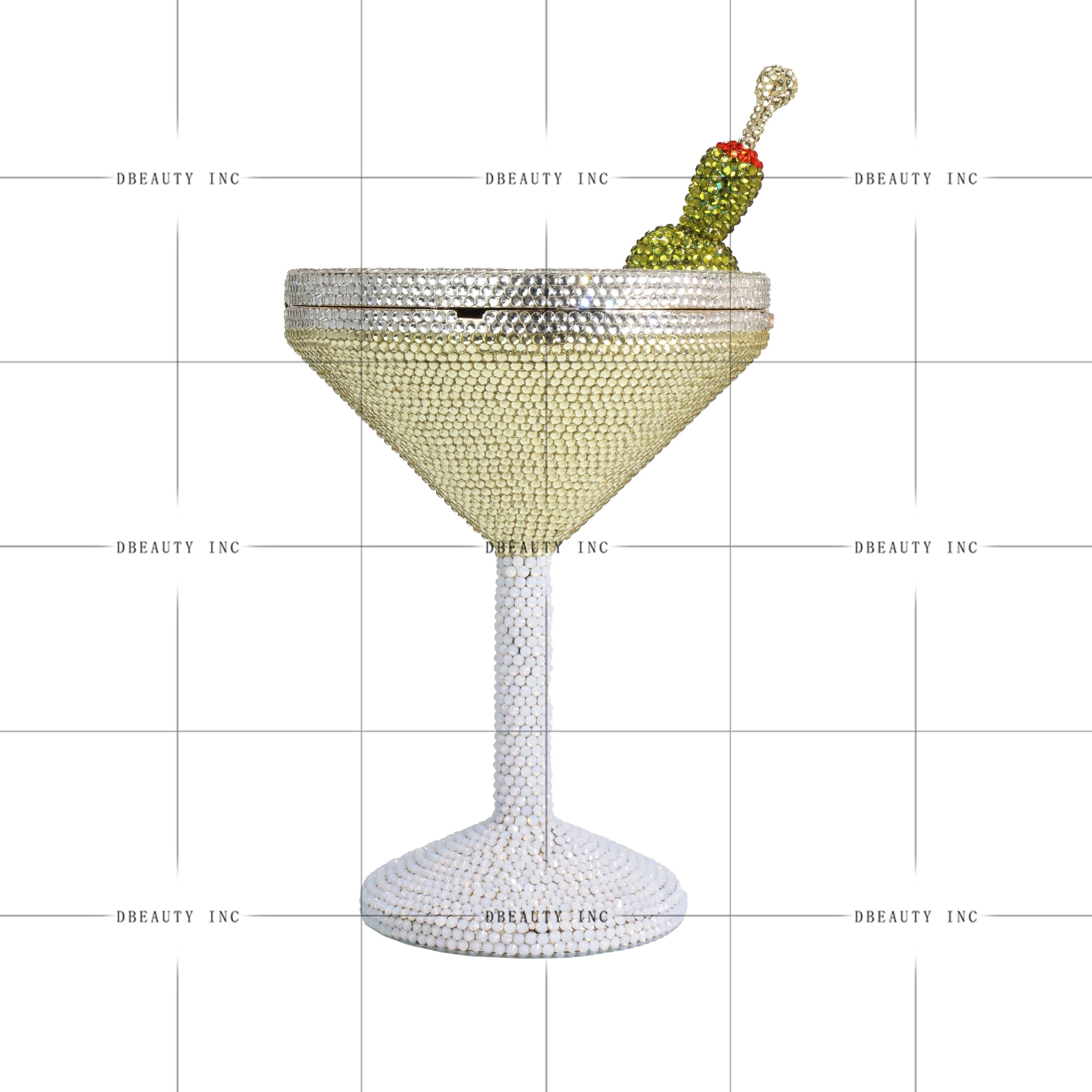 Martini glass designer evening clutch covered in yellow, white, and green crystals for formal wedding party outfits.
