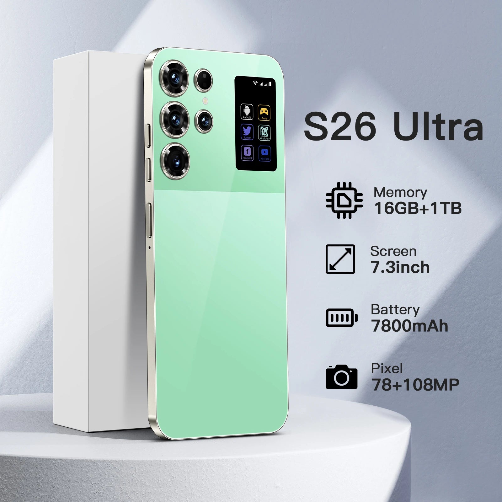 Tidesmit S26 Ultra 5G smartphone with 108MP camera and 7.3 inch OLED 120Hz display in sleek titanium finish.