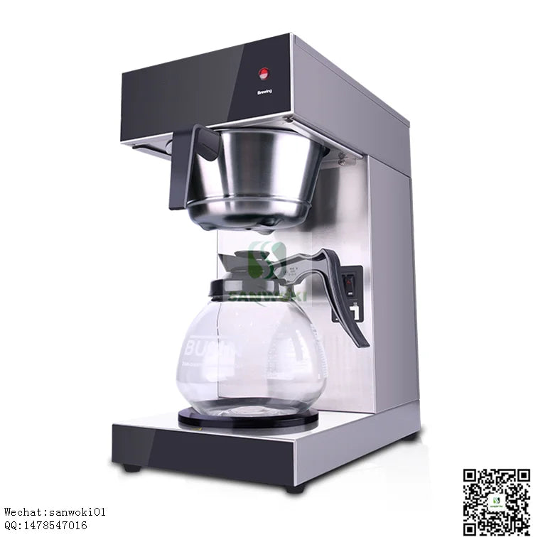 Sanwoki stainless steel commercial coffee maker with glass carafe, featuring a sleek silver and black modern design.
