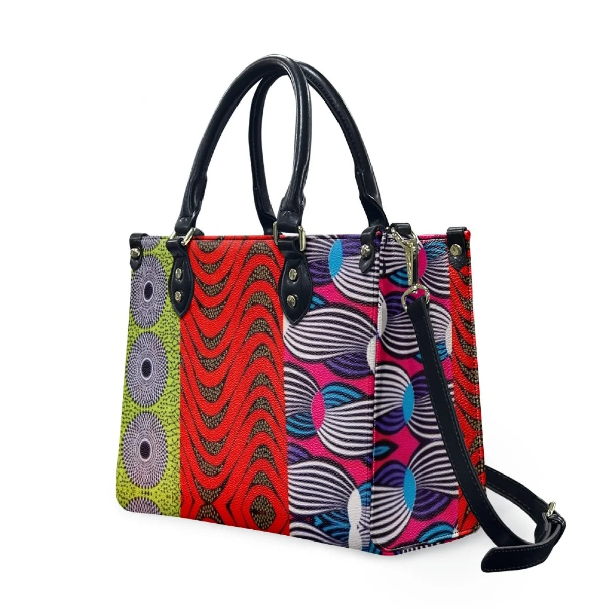 Luxury leather handbag with vibrant, colorful Polynesian tribal print, black handles, and detachable shoulder strap.