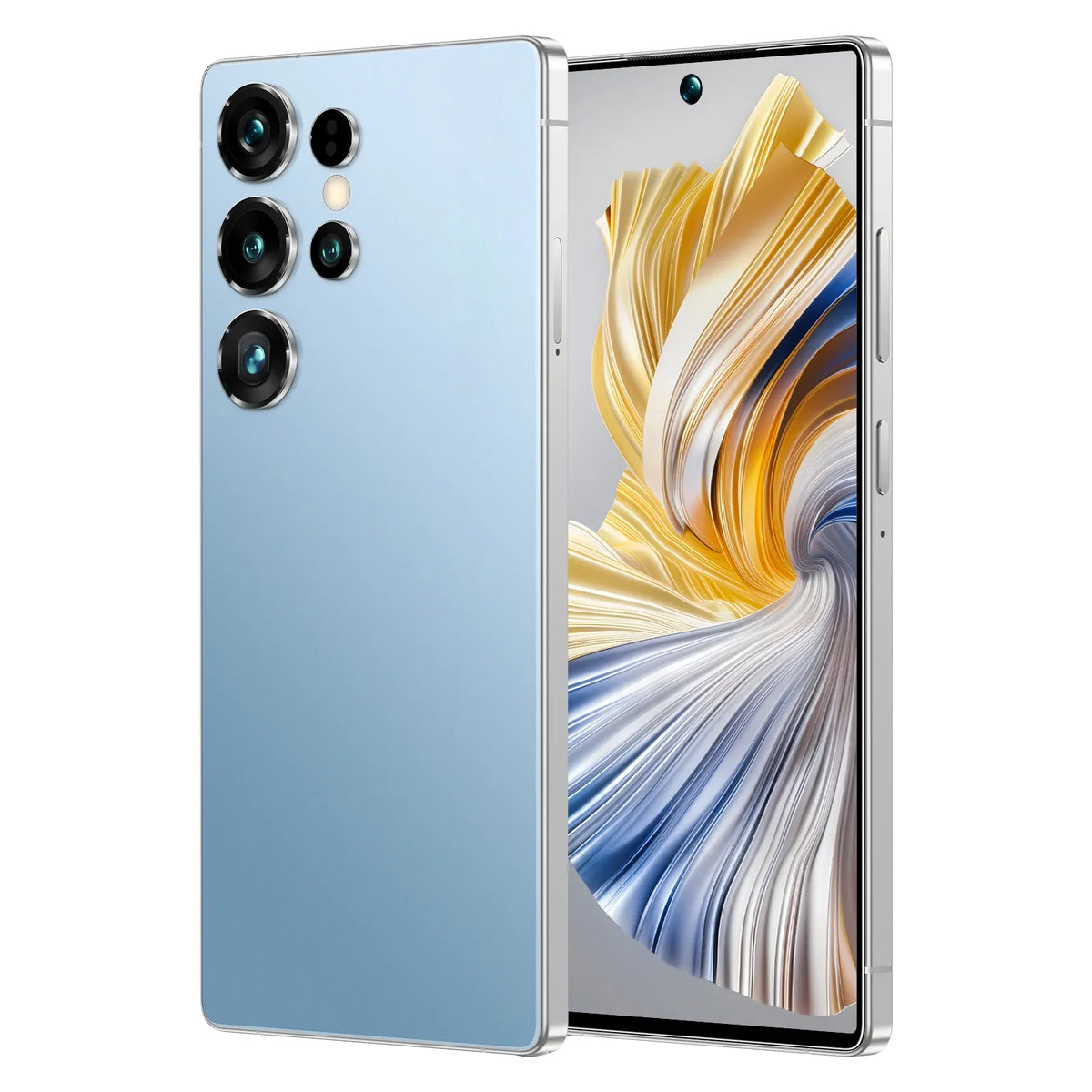 Light blue smartphone with triple rear cameras and front screen with gold and blue abstract waves