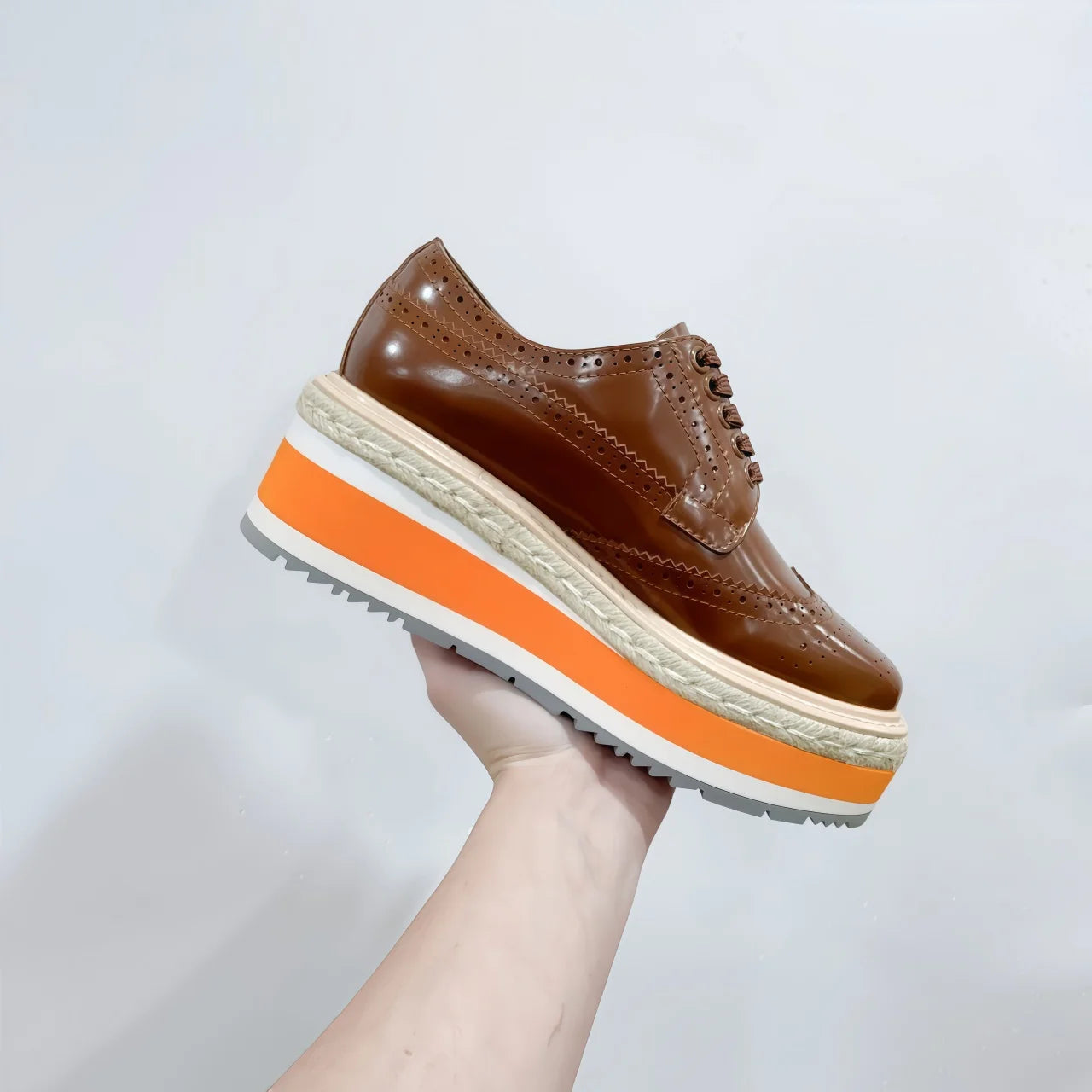Luxury Designer Toe Stacked Platform Lace-up Vamp Breathable Walking Shoes Orange Calf Leather Re-Edition 65mm Wingtip Loafers
