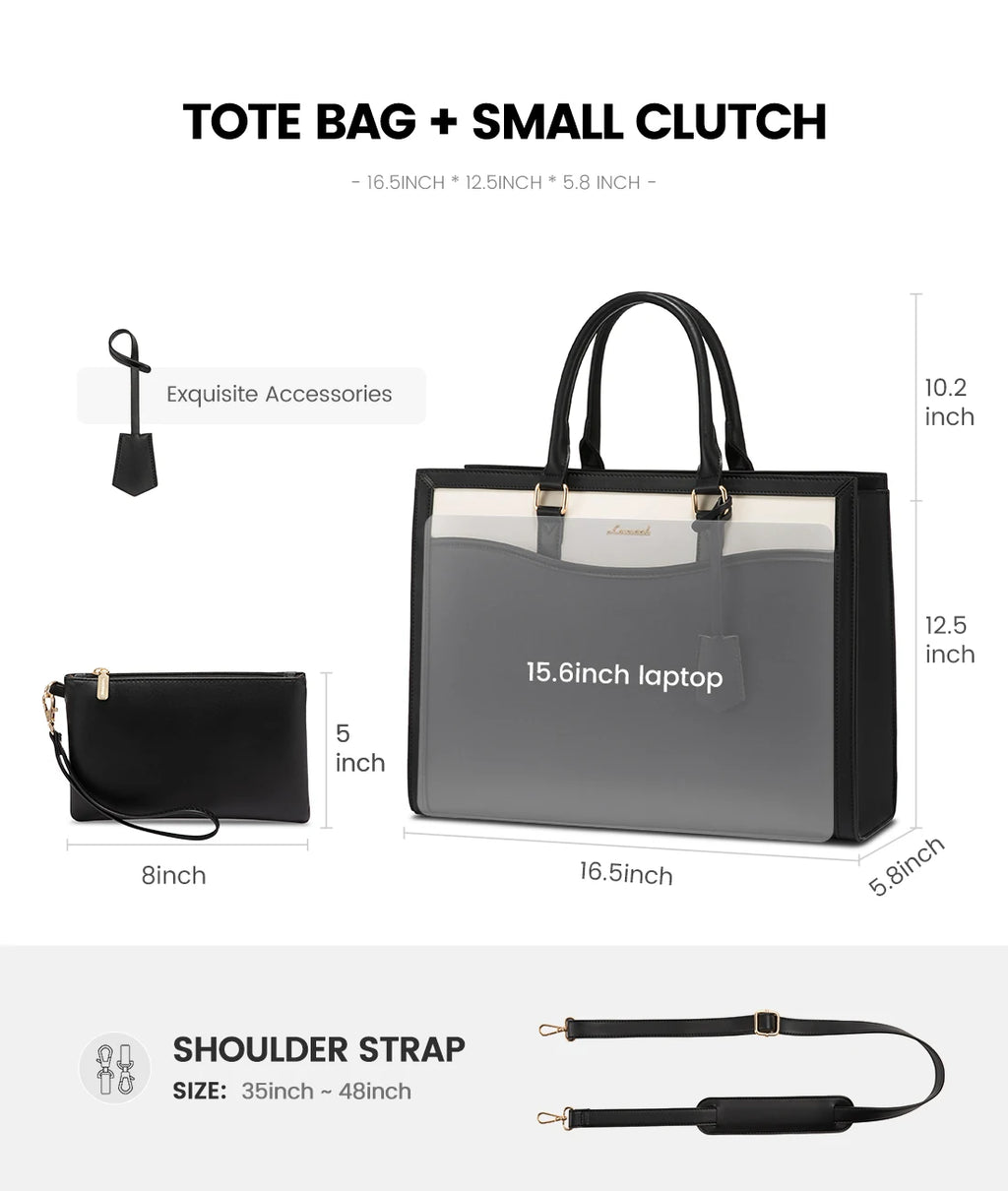 LOVEVOOK black and white leather laptop tote bag with matching clutch, shoulder strap, and accessory charm.