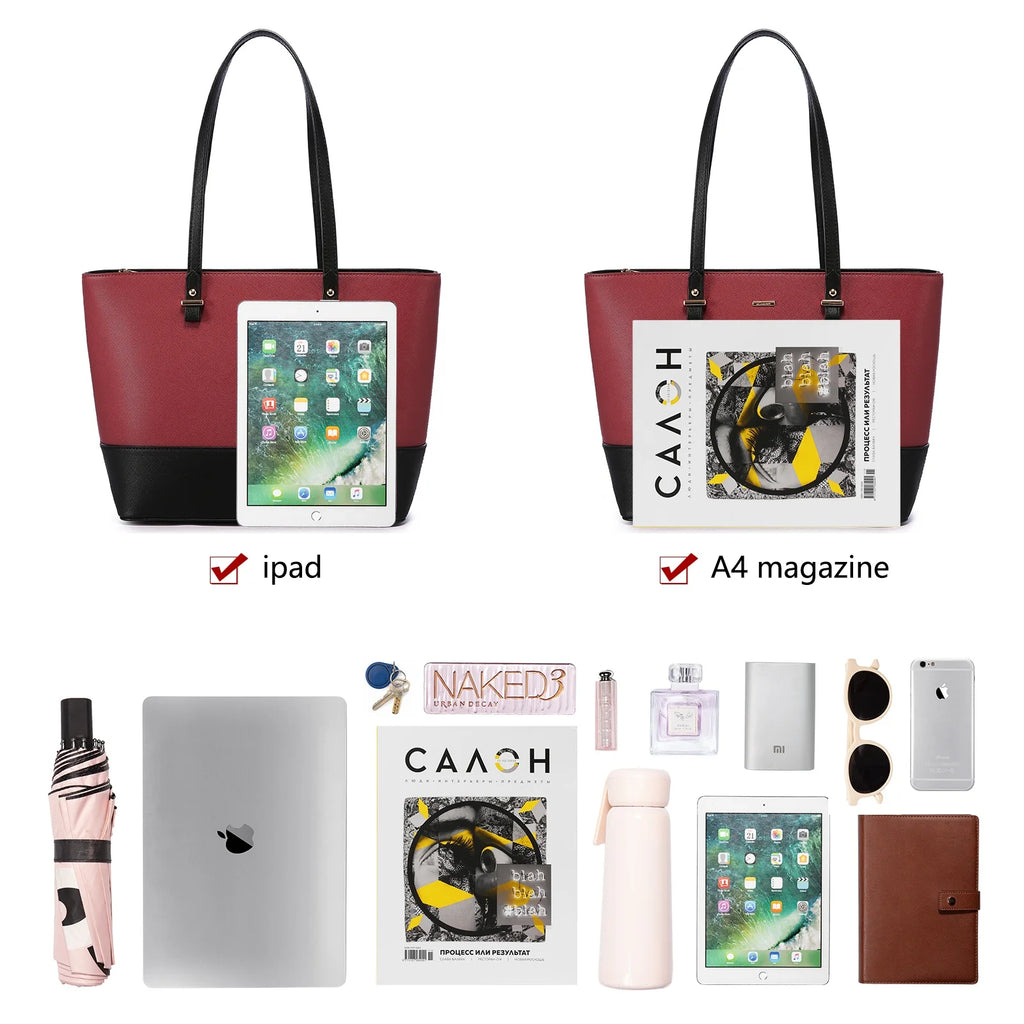 Red and black PU leather designer tote handbag fitting an iPad, A4 magazine, and daily essentials for women.