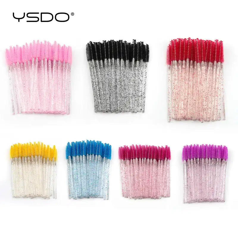 Sets of disposable eyelash spoolie brushes with colorful glitter handles and nylon bristles in various colors.