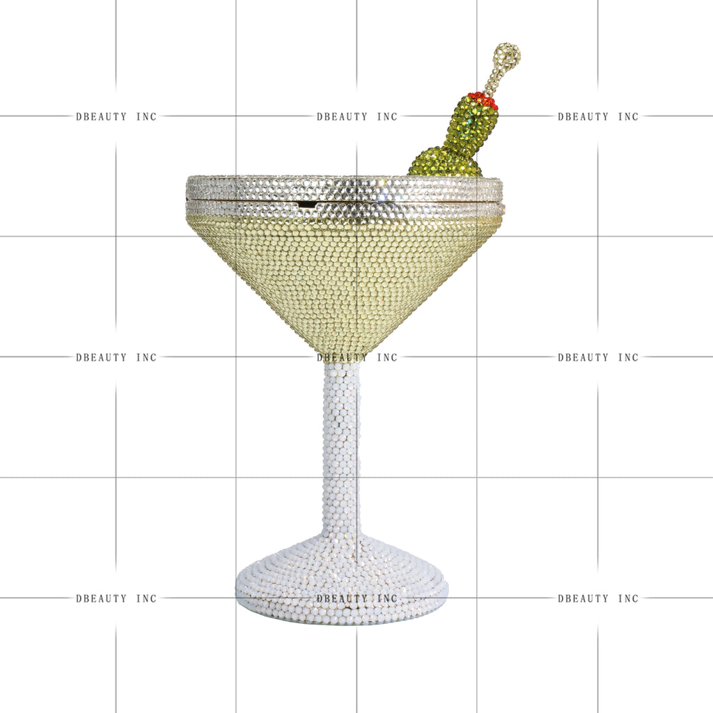 Martini glass evening clutch, crystal rhinestone novelty bag, formal designer handbag for parties and weddings.