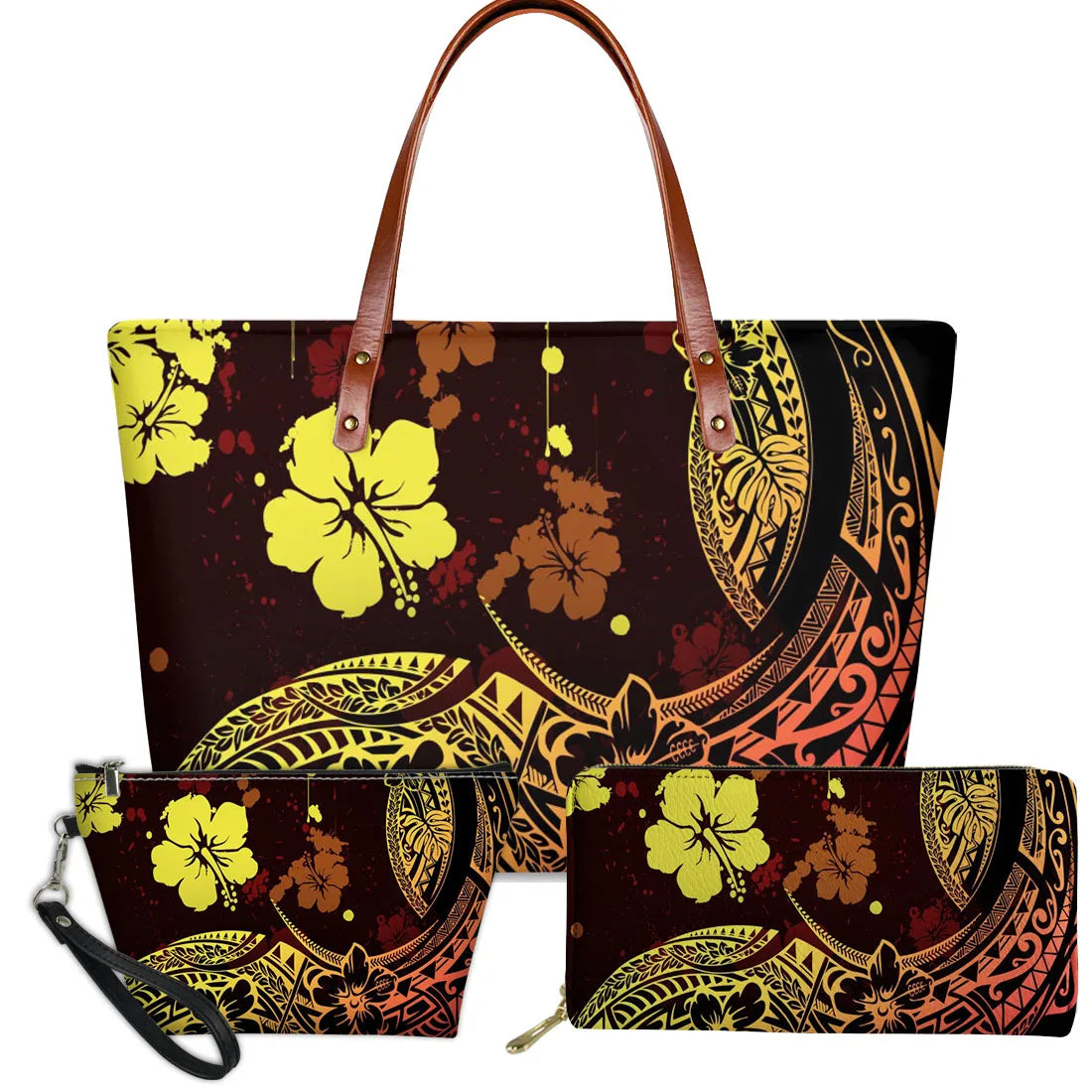 3pc handbag set, traditional Polynesian tribal turtle and hibiscus floral print, brown and yellow, leather-style straps.