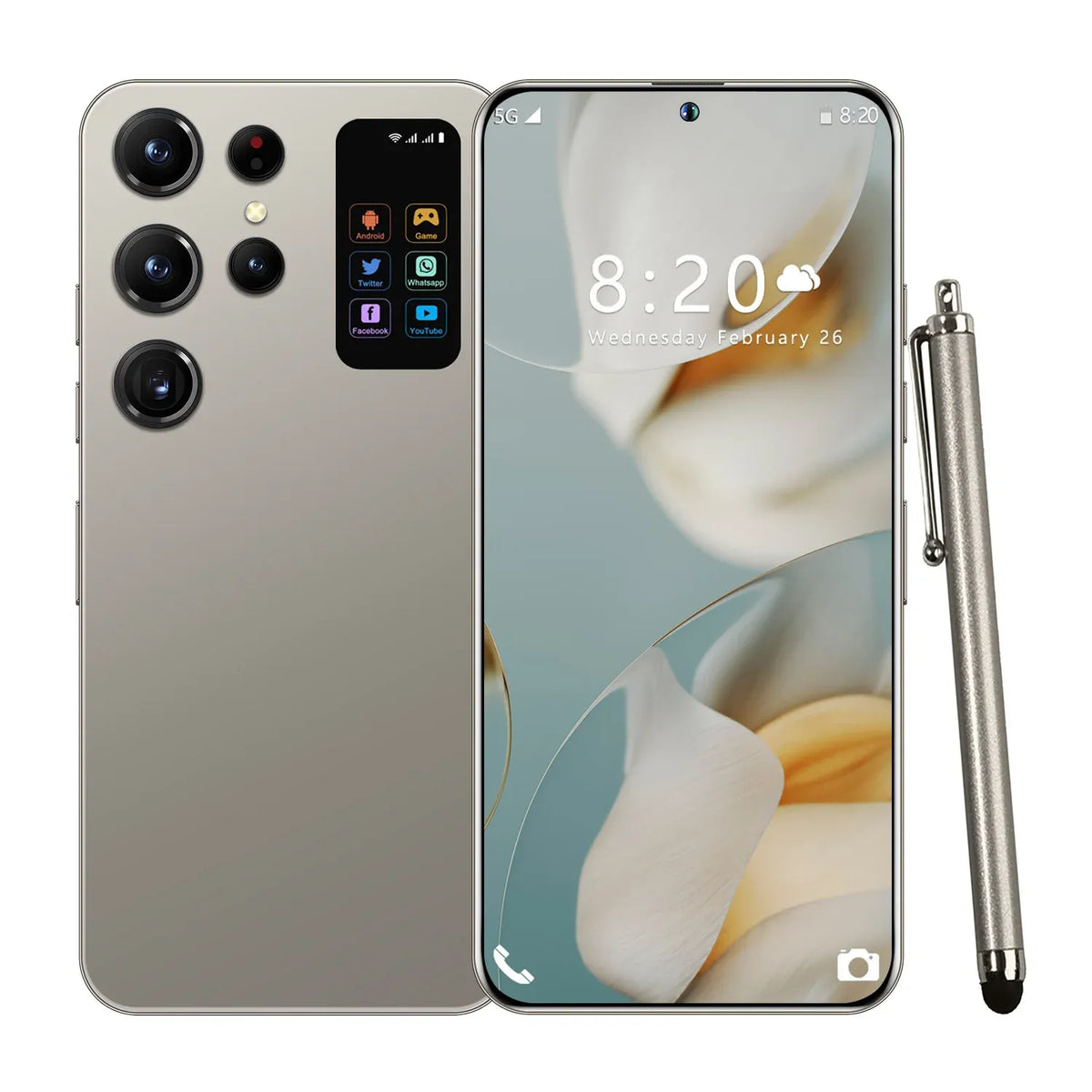 Gold 7.3-inch 5G smartphone with quad cameras, front display, and stylus pen
