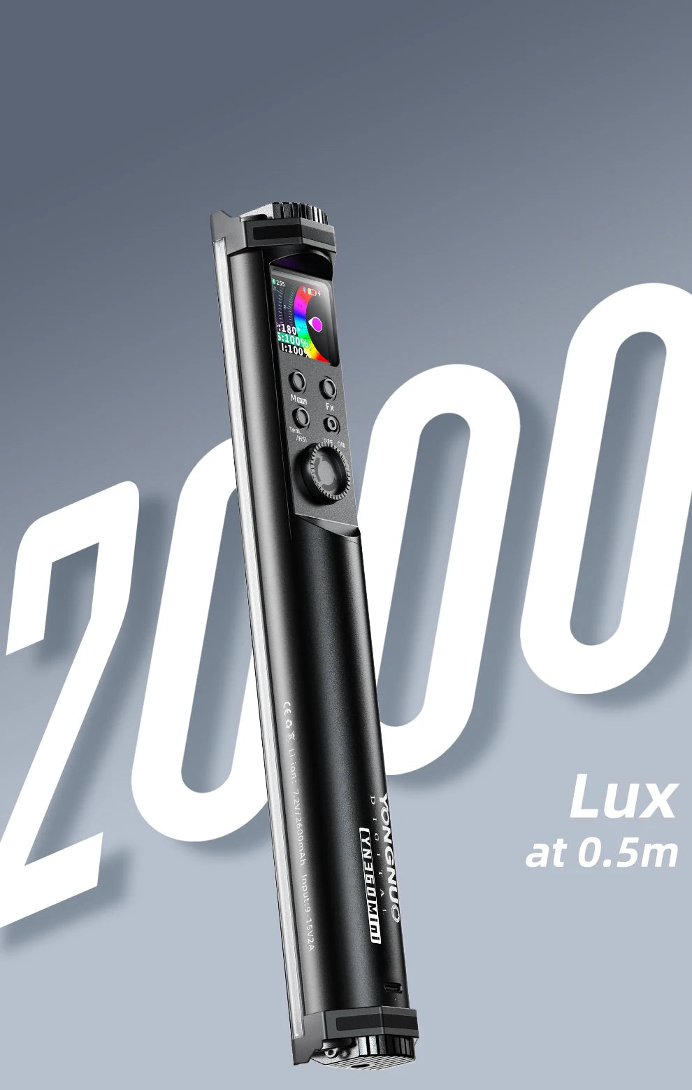 Black cylindrical LED light wand for photography with a digital display, control buttons, and dial.