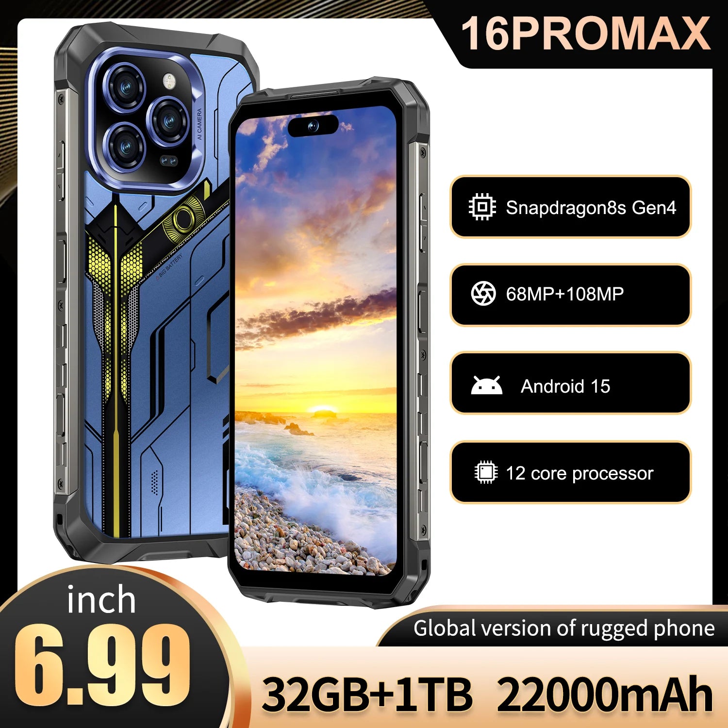 Tidesmit 2025 5G smartphone with 6.9-inch OLED display, 108MP camera, 40W charging, and waterproof design.