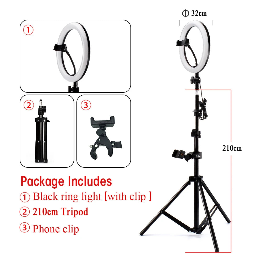 32cm ring light on a 210cm adjustable black tripod with a phone mount for photography and video recording.