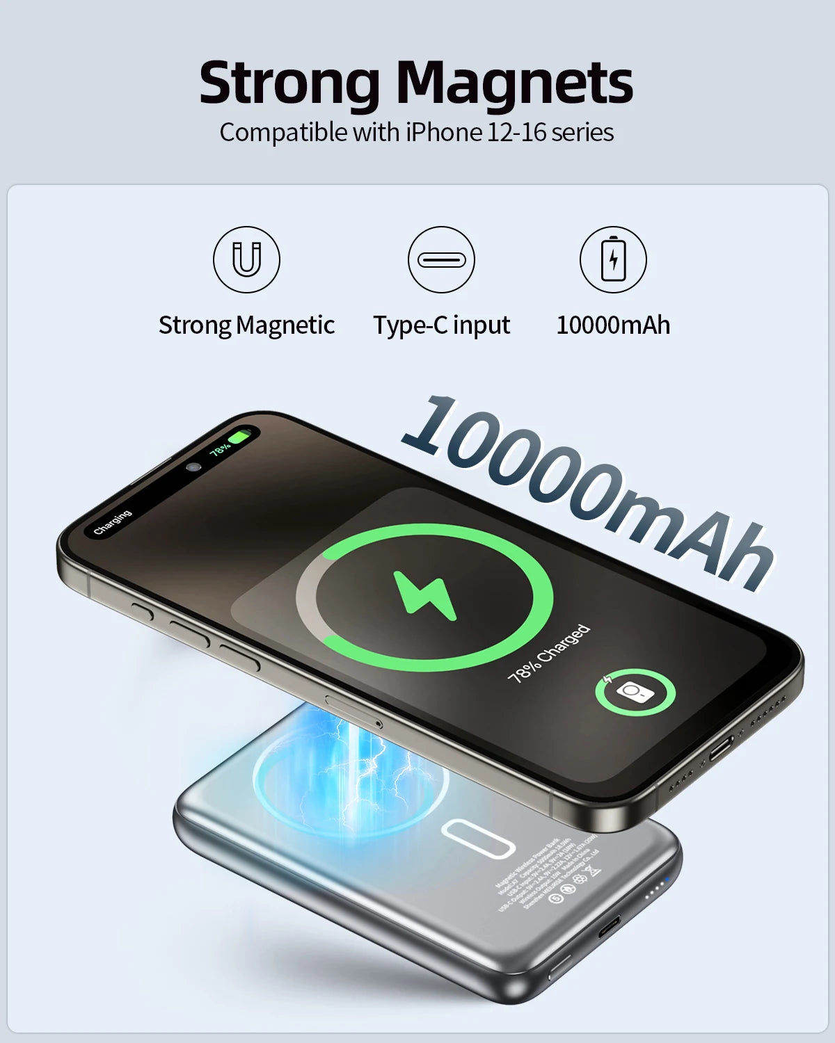 Power bank charger-10000mAh Power Bank Magnetic Wireless Metal Fast Charging PD20W Type C Port Battery Pack Portable Powerbank for iPhone Samsung Tidesmit