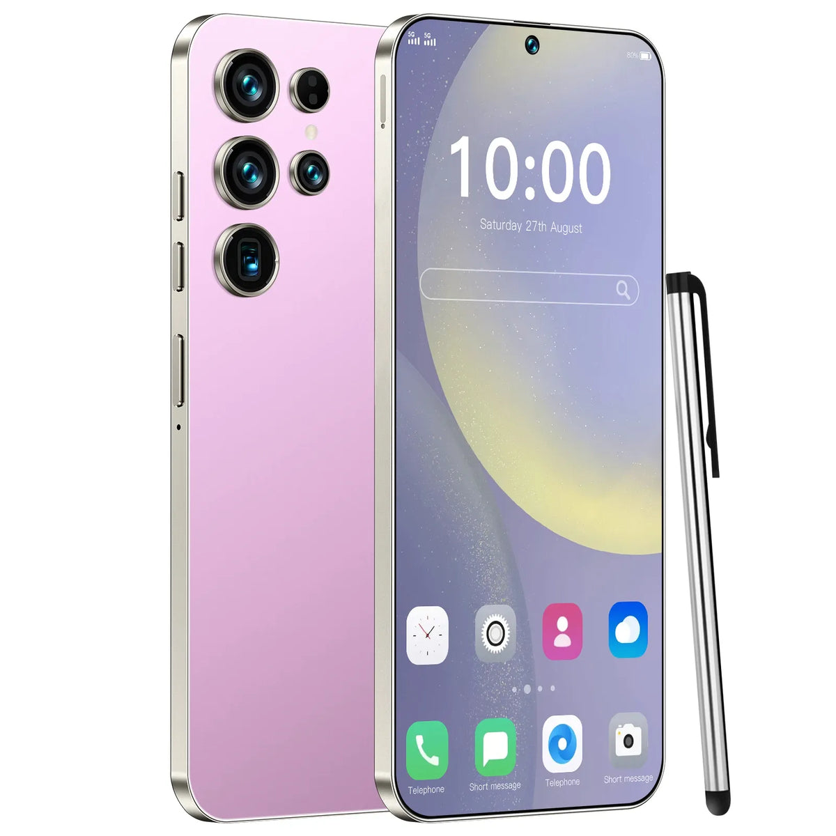 Pink smartphone with triple rear cameras; front touchscreen and side buttons