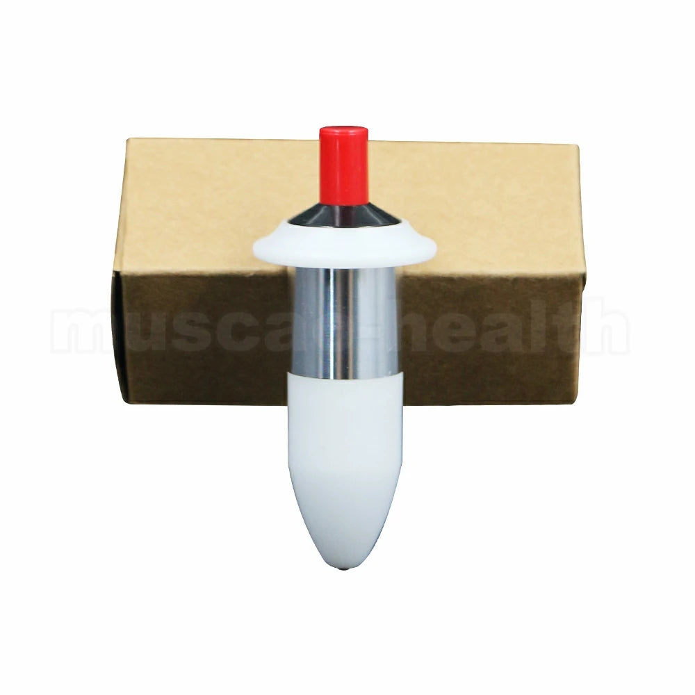 Portable trigger point muscle relaxation tool with white and silver casing and red plunger tip, studio product shot.