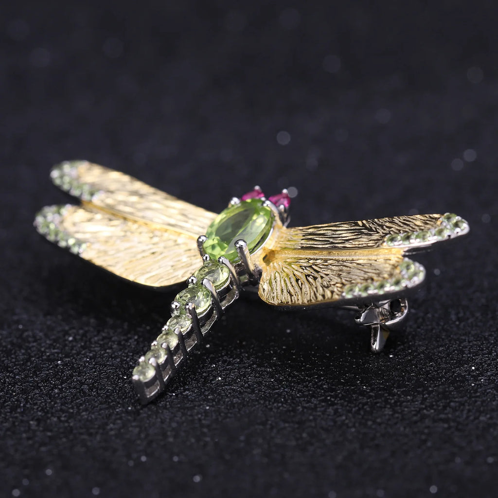 TIANSHE New Chinese Style Vintage Original Natural Gemstone Dragonfly Brooch High-end S925 Pure Silver Suits Accessories Gift