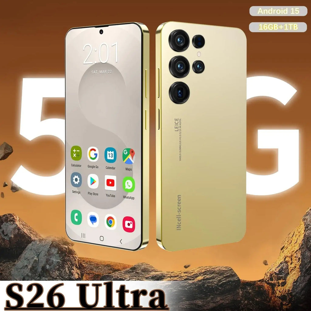 Tidesmit S26 Ultra 5G smartphone with 7.3 inch display, 108MP camera, and 16GB RAM in a sleek modern finish.