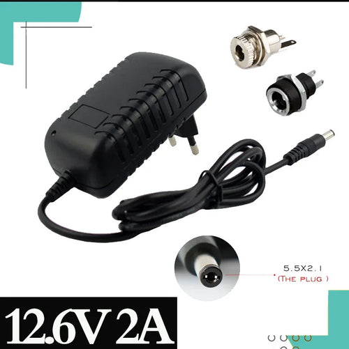 Tidesmit 12.6V 2A black plastic wall charger for Li-ion batteries with 5.5x2.1mm DC plug and two mounting socket jacks.
