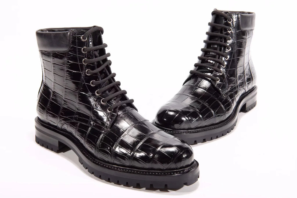 Stylish Men's Leather Boots Rubber Sole Luxury Genuine Crocodile Leather Shoes High Top Quality Ankle Boots for Men Shoes