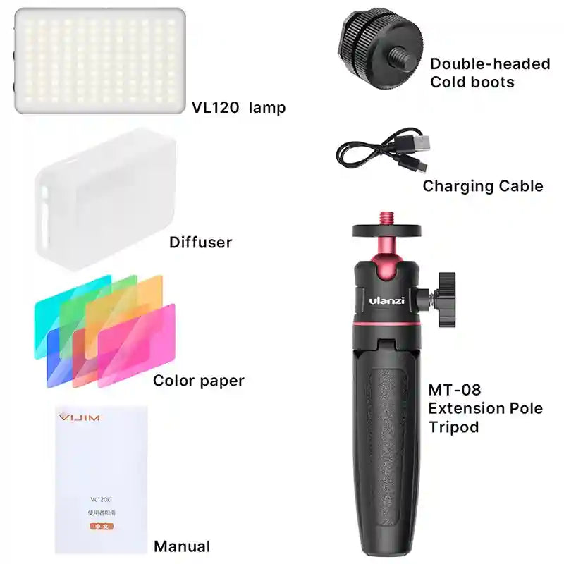 VL120 LED light kit including diffuser, color filters, charging cable, cold shoe mount, and MT-08 tripod for