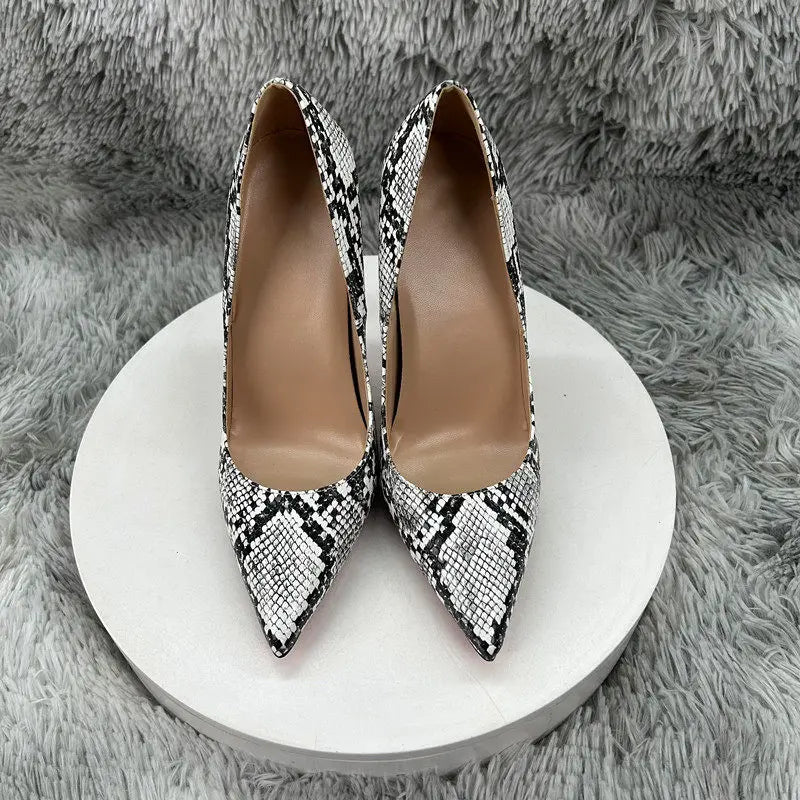 European American Style Animal Print 10cm/12cm Pointed Toe Slip-On Stiletto Heel Red Bottom Thin Rubber Outsole Women's Spring