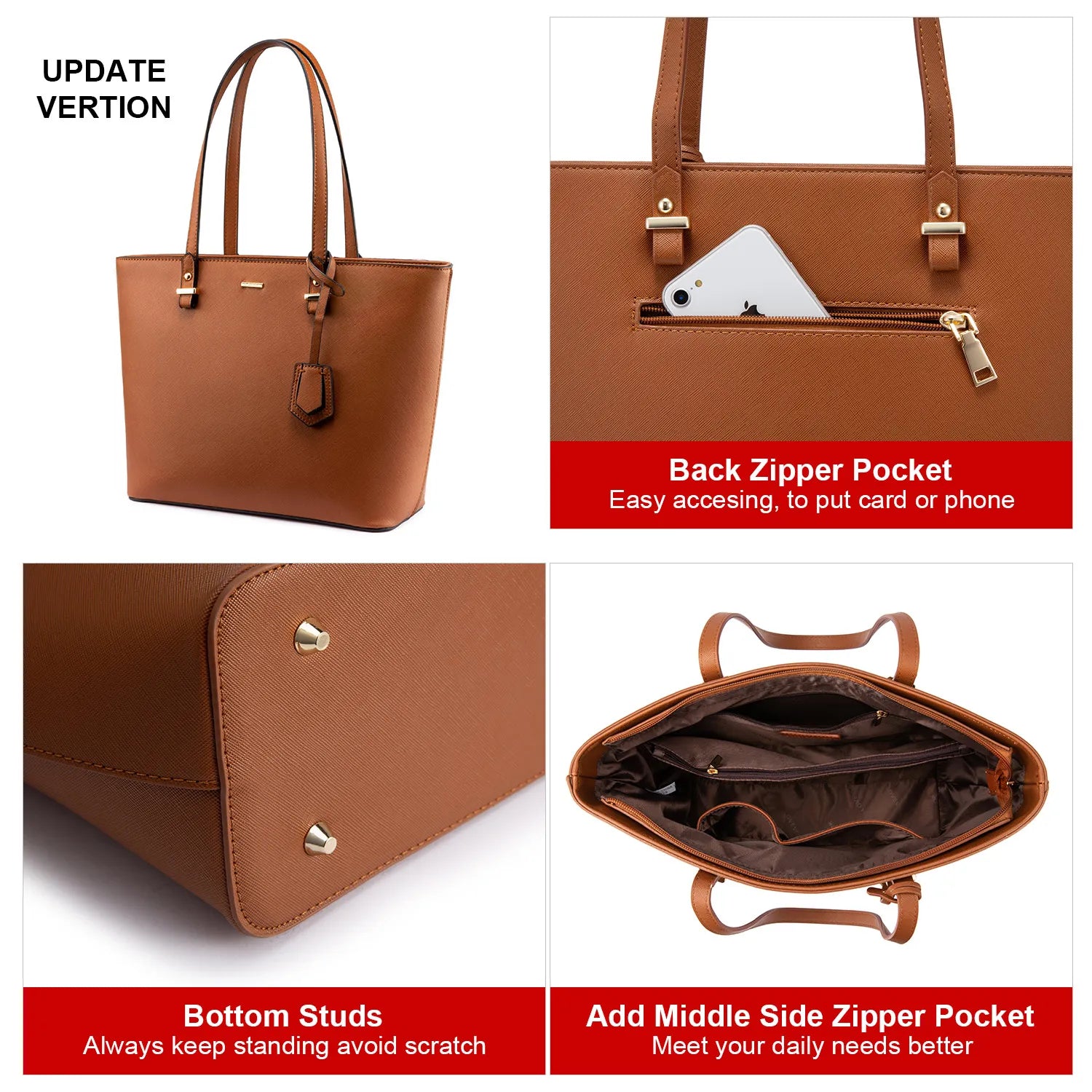 LOVEVOOK brown PU leather designer tote bag with gold studs, back zipper pocket, and organized interior compartments.