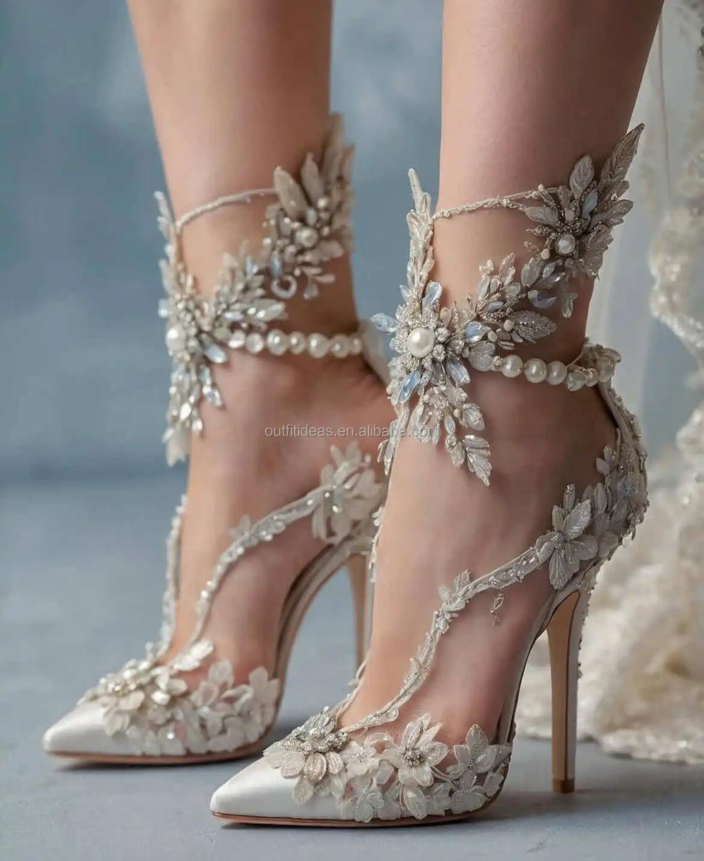 Paradise Elegant Sexy White Rhinestones Heel Flowers Ankle Wrap Tie up Crystal Strap Shoes Sparkly Stiletto Prom Wedding Sandals