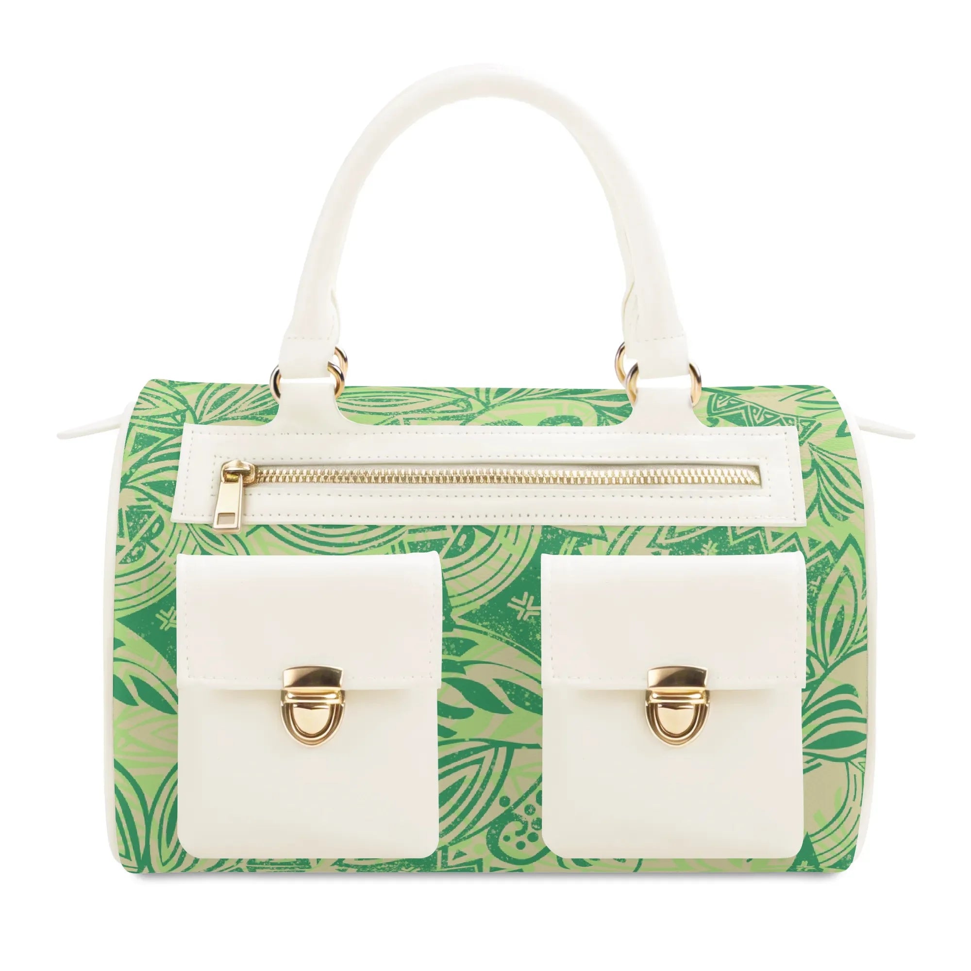 Green patterned PU leather designer tote bag with white pockets, gold zippers, and top handles.