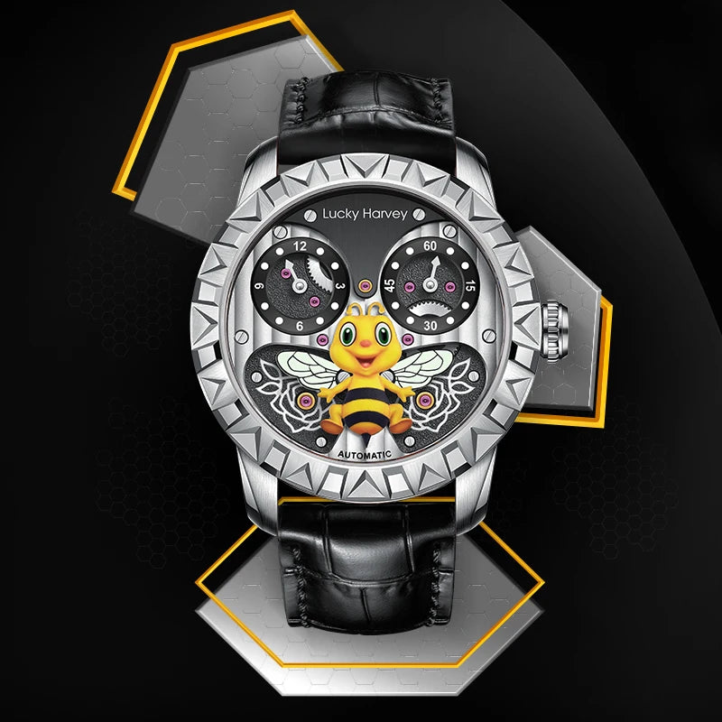 Lucky Harvey Luxury Movement Wristwatches 43mm Dial Luminous Automatic Bees Mechanical Wrist Watch