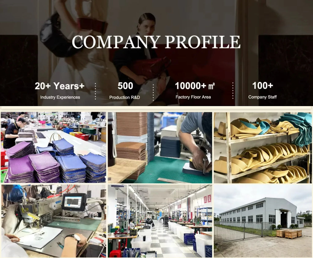 Luxury leather designer handbag manufacturing process showing skilled craftsmanship and quality materials in a modern factory.