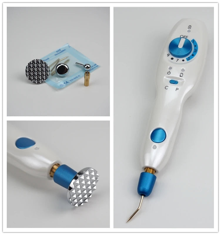 Plamax wireless cold plasma fibroblast tool for skin tightening, acne, and blemish removal with interchangeable tips.