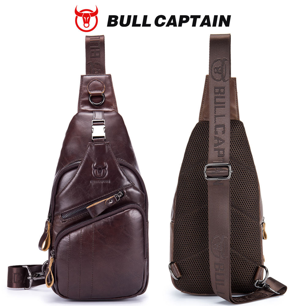 BULLCAPTAIN vintage brown cow leather crossbody sling bag for men with business casual style and adjustable logo strap.