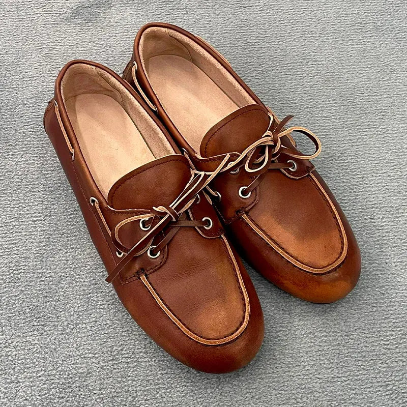 Hot Selling Spring Women's Retro Brown Bow Genuine Leather Driving Shoes Flat Soled Sheepskin Outsole Calf Leather Loafers