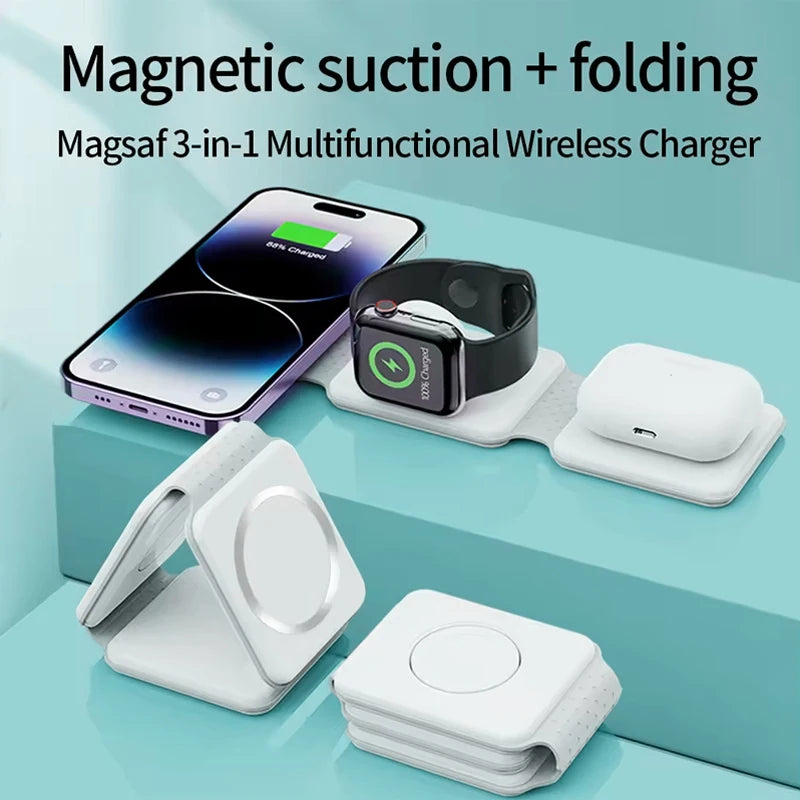 Folding Wireless Charging Pad Multifunction 3 in 1 Mini Foldable 15w Wireless Charger for Watch Airpods and Phones Tidesmit