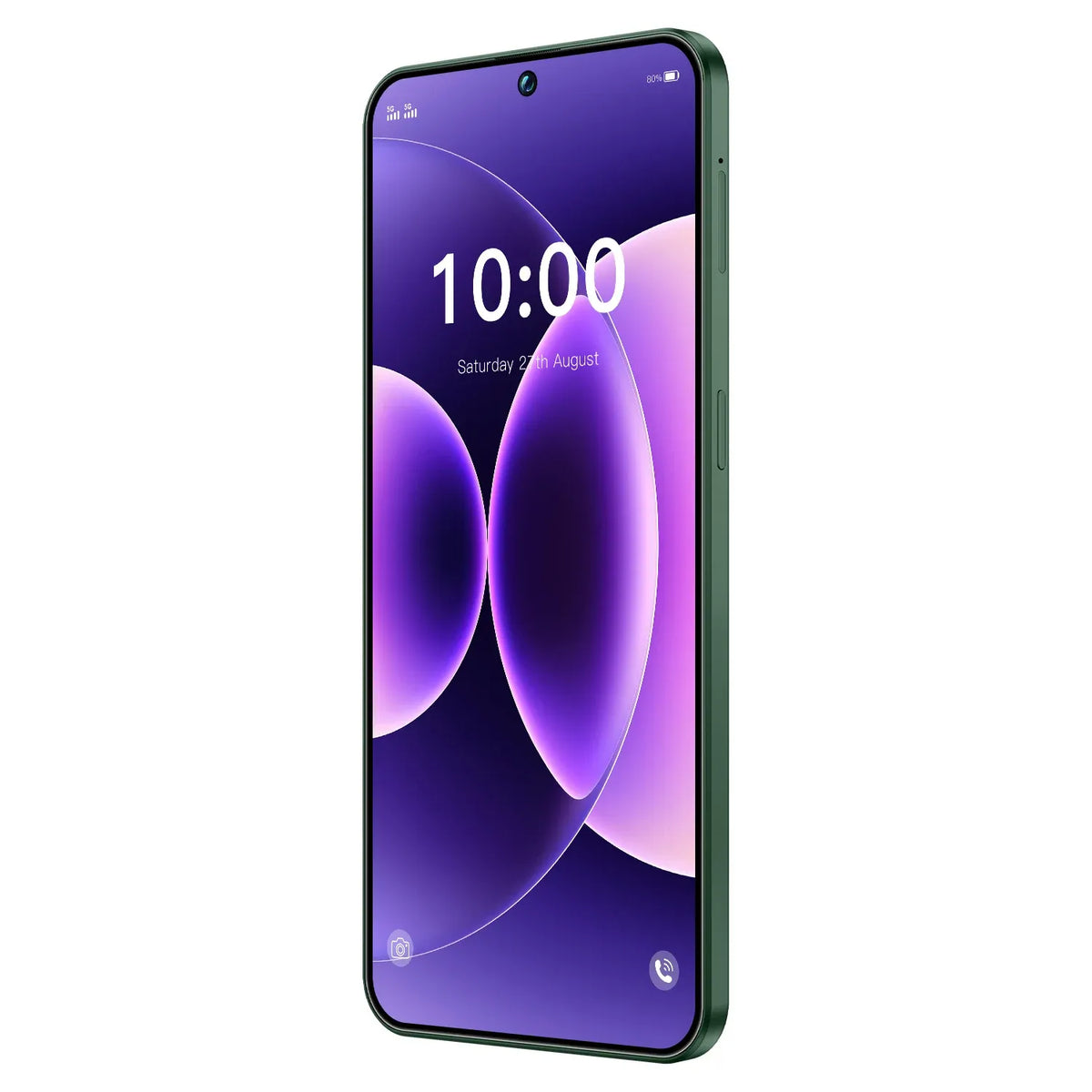 Green smartphone front view with 10:00 time and colorful abstract wallpaper.