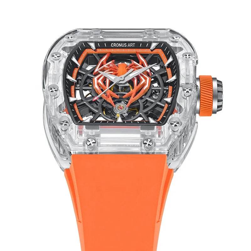 CRONUSART  Crystal Tonneau Men's Mechanical Watches with Transparent Luminous Dial and Spider Theme Design