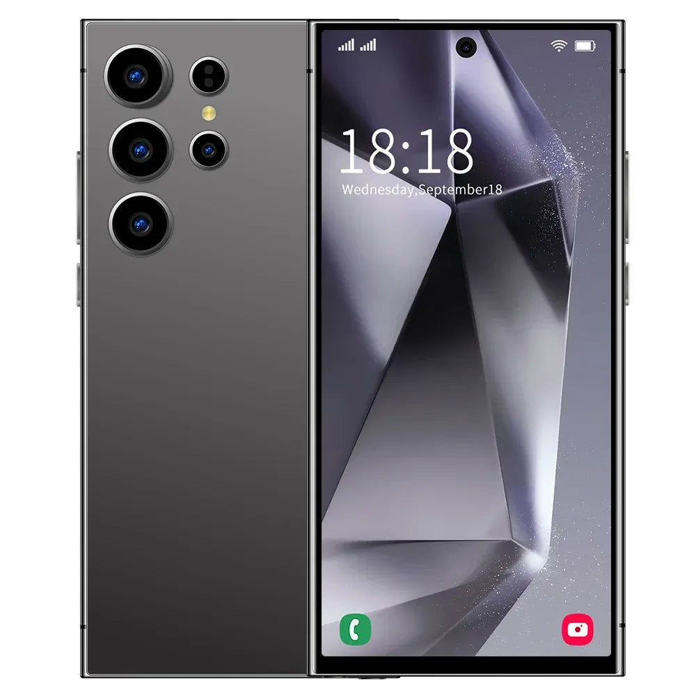 Gray smartphone front and back view with quad rear cameras and touchscreen
