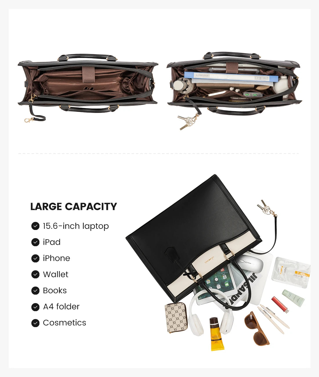 Black and white leather laptop tote bag, designer business shoulder handbag with spacious organized interior compartments.