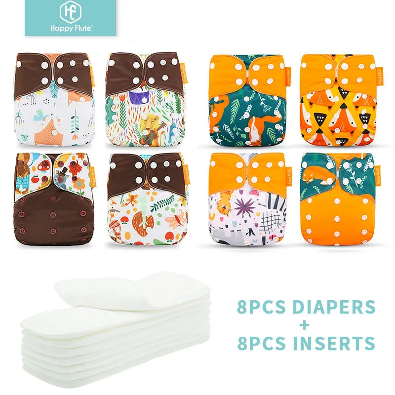 HappyFlute 8 diapers+8 Inserts  Baby Cloth Diapers One Size Adjustable Washable Reusable Cloth Nappy For Baby Girls and Boys