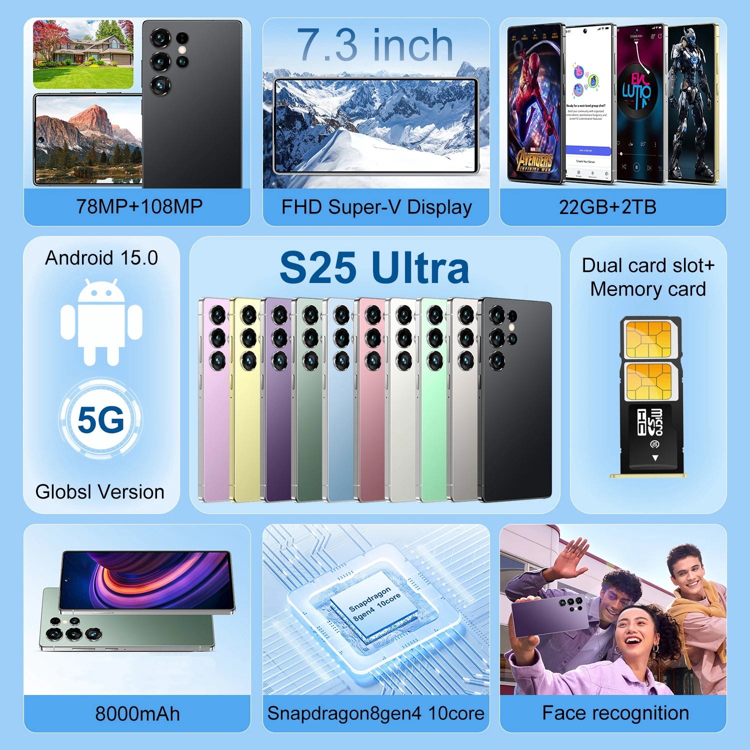 S25 Ultra 5G Smartphone, 22GB RAM, 2TB ROM, 7.3 Inch AMOLED Display Tidesmit