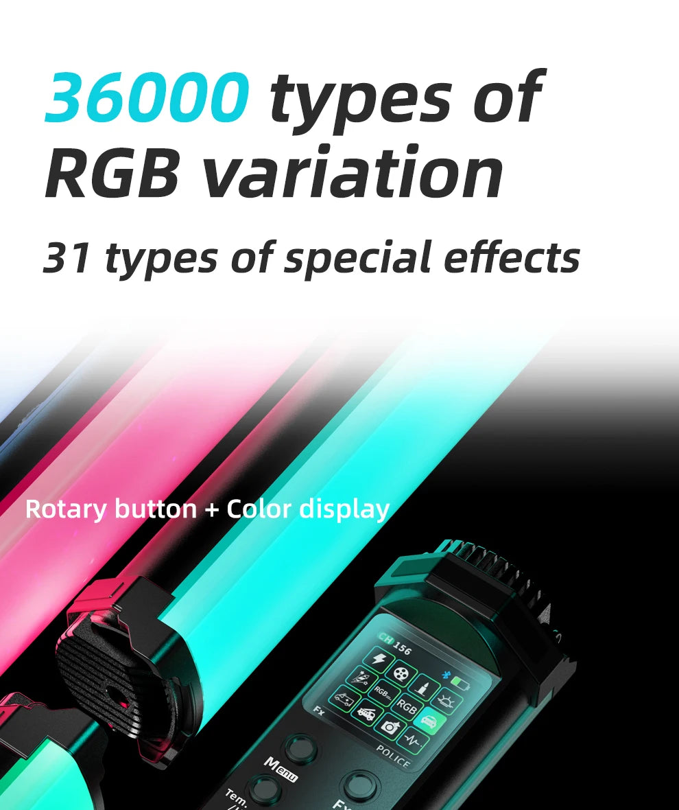 Handheld LED light tube with a color display and rotary dial for adjusting RGB lighting effects and modes.