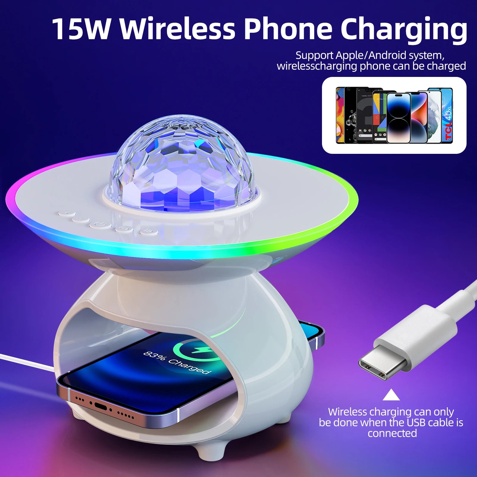 Smart Wireless Phone Charging Desk Lamp USB Rechargeable RGB Projectors Night Light Music Speaker Bedroom Bedside Led Table Lamp Tidesmit