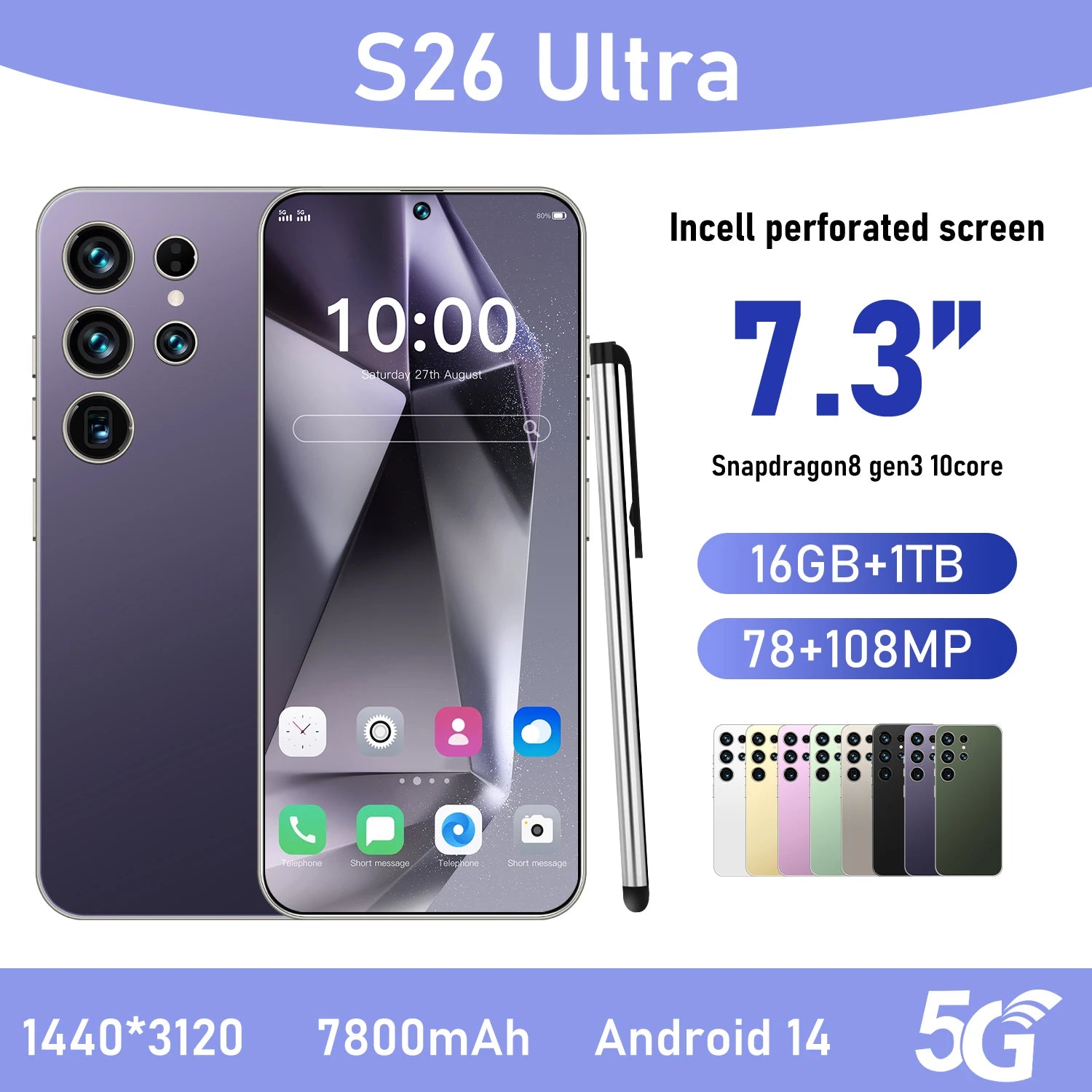 2025 New Original Phones S26 ultra 5g Smartphones 22GB+2TB 5G Dual SIM Cellphone Mobile Phone Face Unlock Android 14 5G Phone Purple 16g 1TB Tidesmit