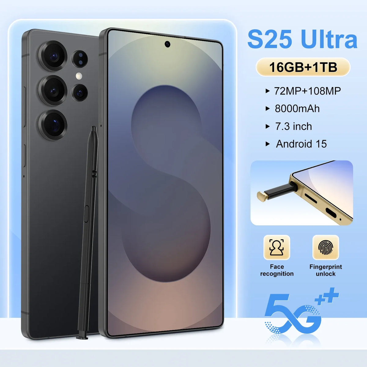 Black smartphone with quad rear cameras and front dark touchscreen display