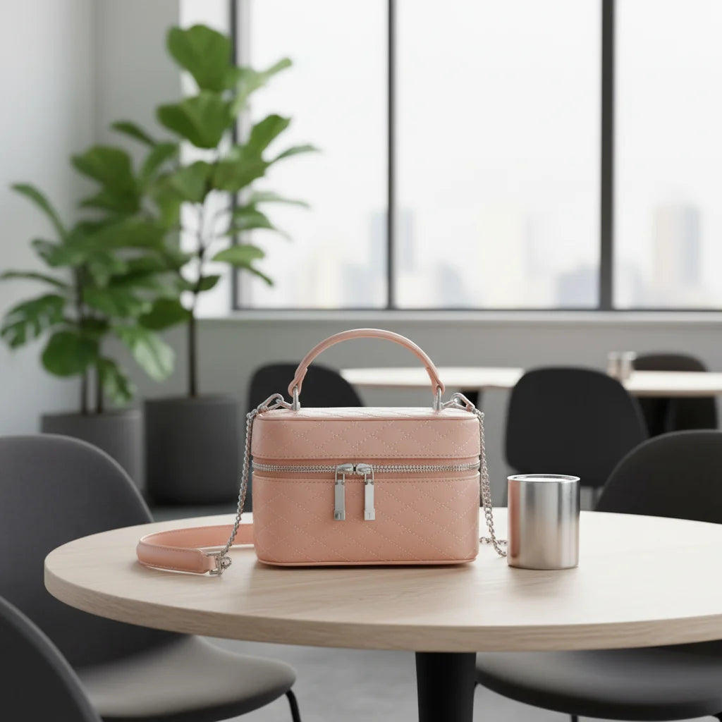 Pink quilted leather luxury trunk handbag with silver hardware, top handle, and removable crossbody chain strap.